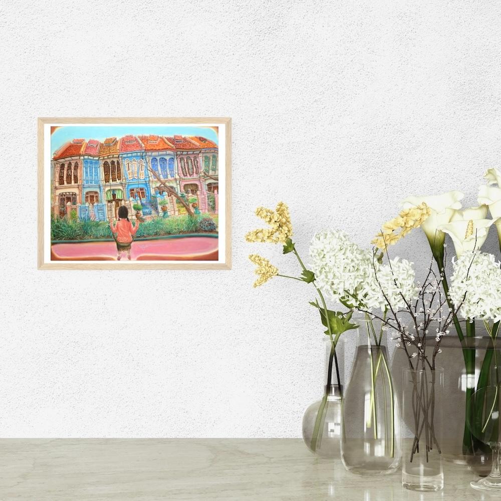 Singapore Signed Art Print of Emerald Hill Peranakan Shophouse Painting with Nonya Girl on Swing, Whimsical Heritage Asia Travel Poster