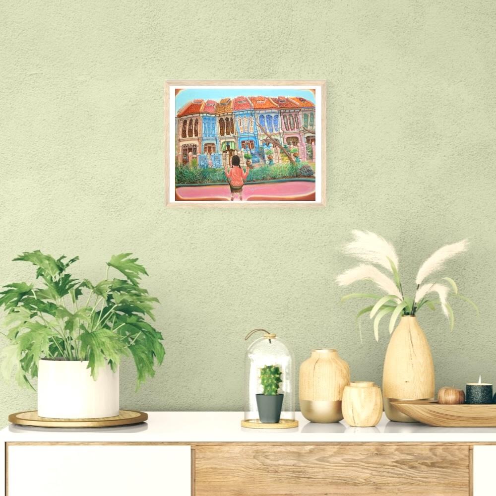Singapore Signed Art Print of Emerald Hill Peranakan Shophouse Painting with Nonya Girl on Swing, Whimsical Heritage Asia Travel Poster