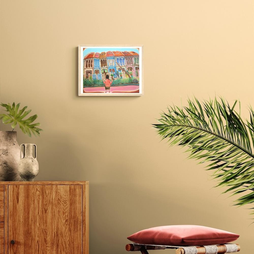 Singapore Signed Art Print of Emerald Hill Peranakan Shophouse Painting with Nonya Girl on Swing, Whimsical Heritage Asia Travel Poster