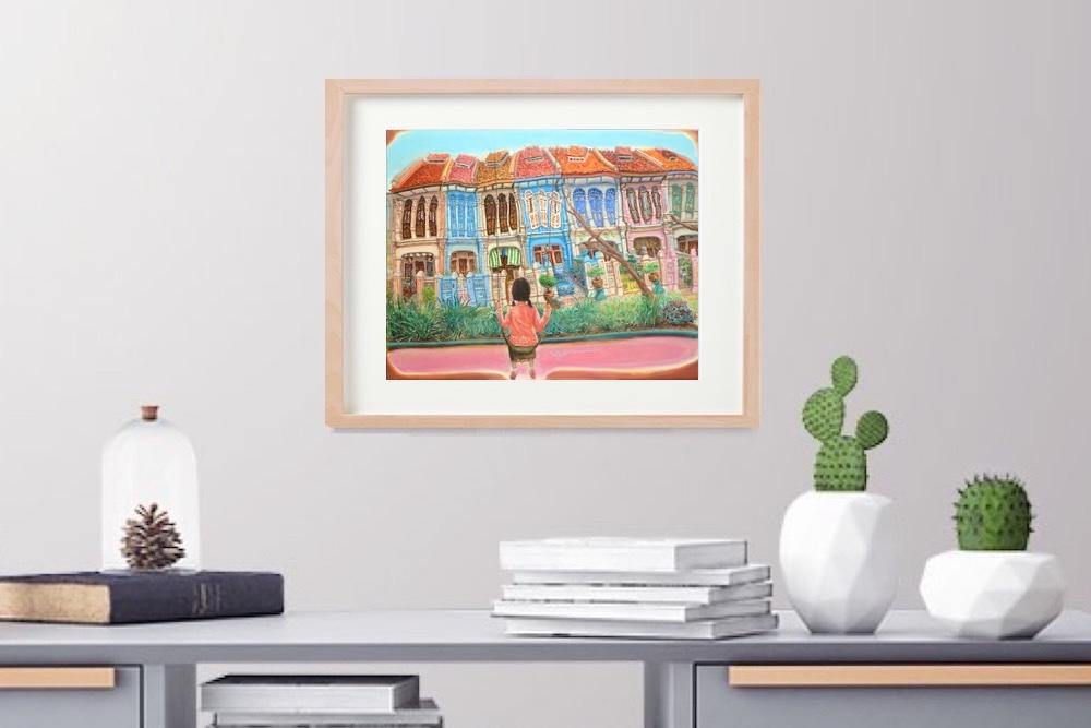 Singapore Signed Art Print of Emerald Hill Peranakan Shophouse Painting with Nonya Girl on Swing, Whimsical Heritage Asia Travel Poster