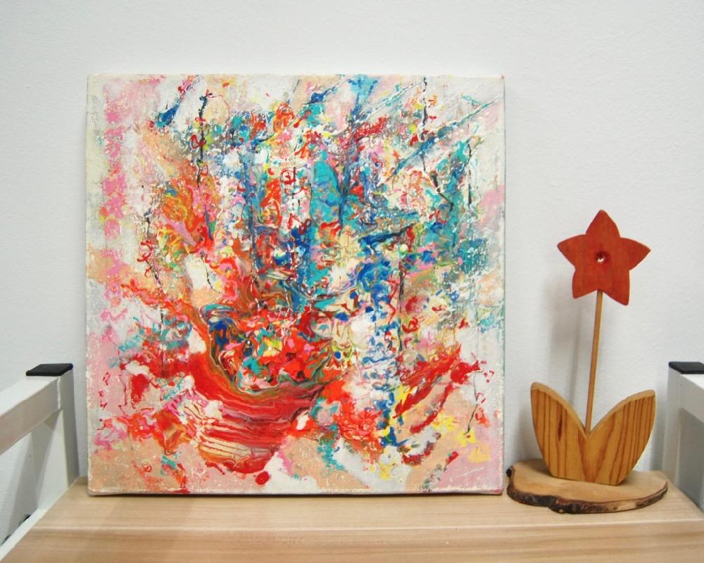 Ethereal Abstract Floral Acrylic Canvas Painting - Red Pot Flowers and Blue Birds - Original Artwork - Chinese Painting Style - Pour Art