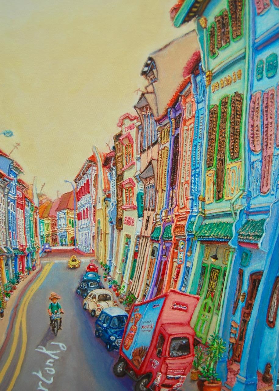 Original Singapore Shophouse Oil Painting, Everton Road Peranakan Art, Hand Painted Heritage Street Scene Canvas, Vibrant Asian Wall Art