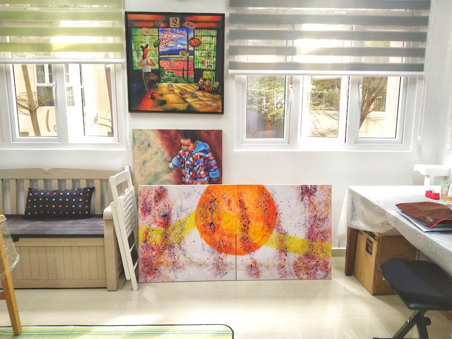 Whimsical uplifting art painting of bright orange sun imagery, abstract expressionist original artwork with calligraphy lines and etchings