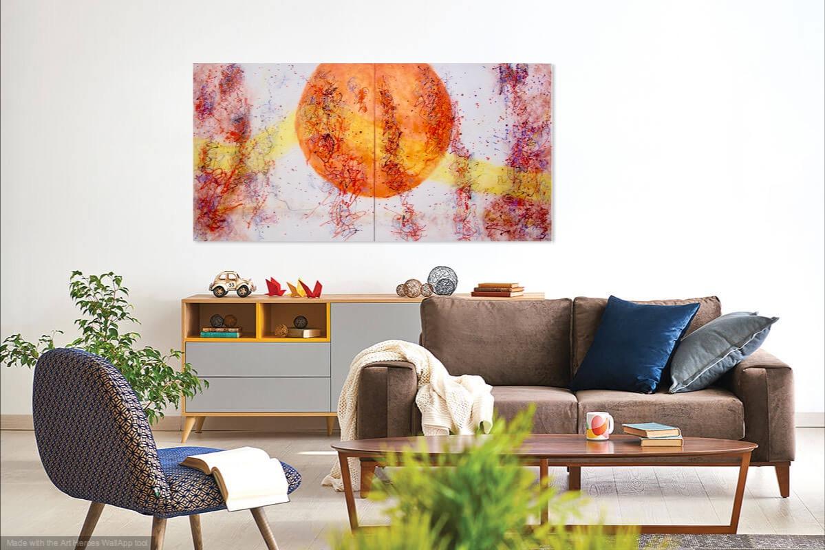 Whimsical Uplifting Art Painting with Bright Orange Sun Imagery - Abstract Expressionist Original - Contemporary Artwork - Unique Art Decor