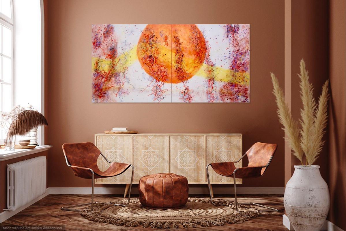 Whimsical Uplifting Art Painting with Bright Orange Sun Imagery - Abstract Expressionist Original - Contemporary Artwork - Unique Art Decor