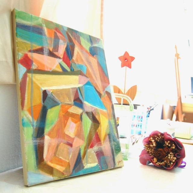 Warm colorful orange theme figures abstract art painting, original modern artwork, acrylic on canvas, with fun block shapes and objects