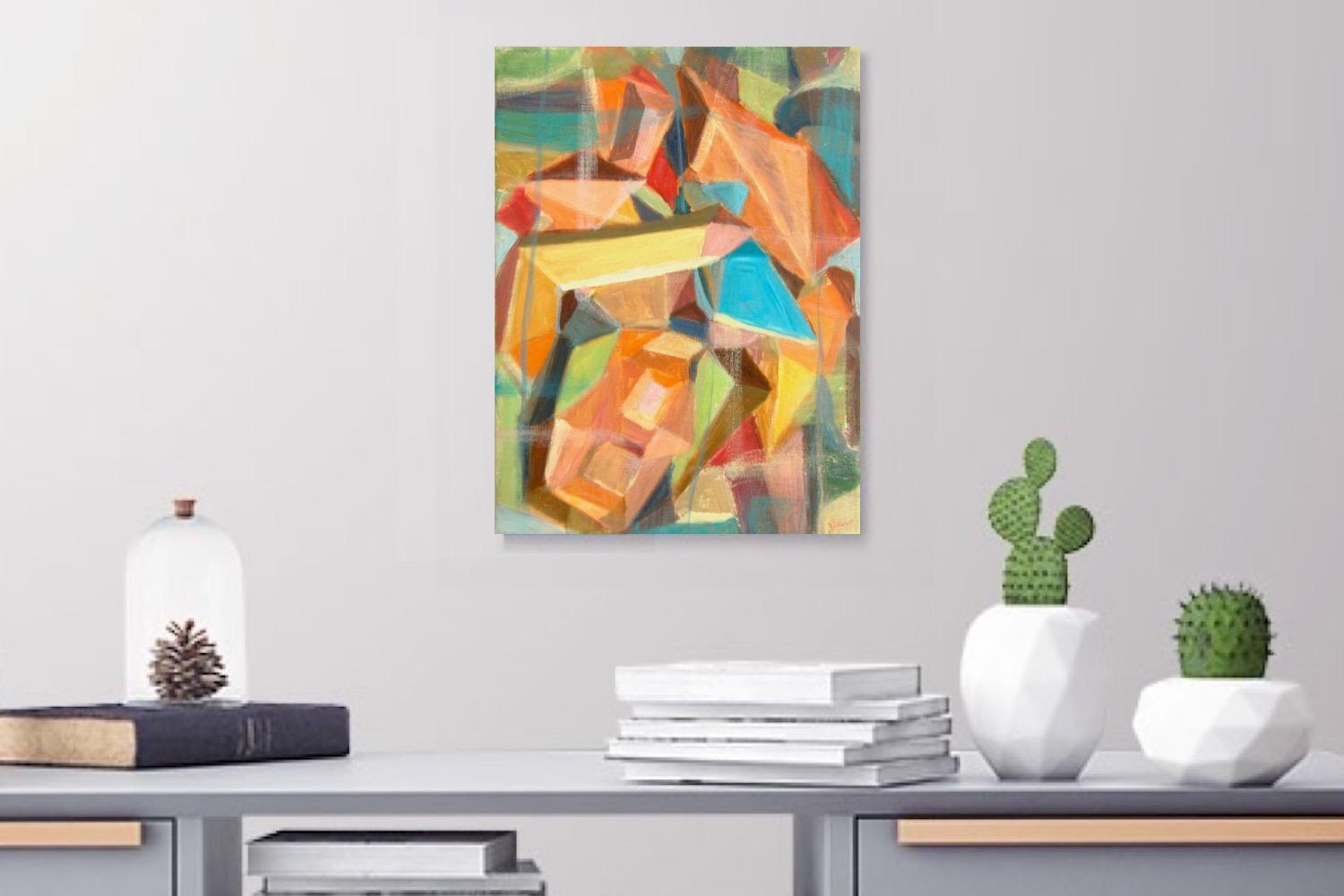 Warm colorful orange theme figures abstract art painting, original modern artwork, acrylic on canvas, with fun block shapes and objects