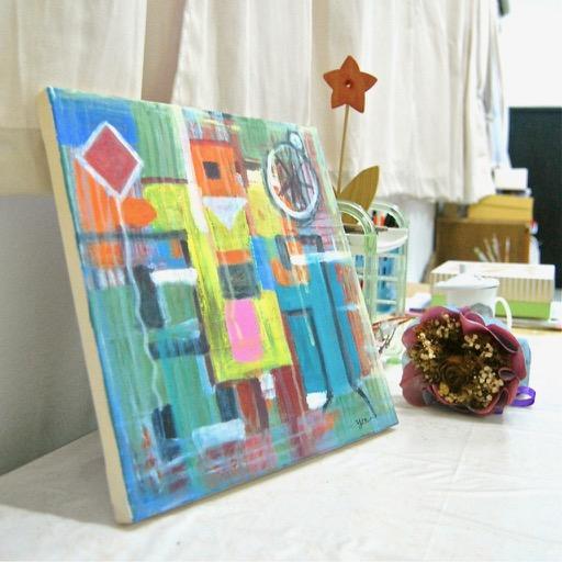 Happy Robot Figure Abstract Art Painting, a colorful original modern artwork, acrylic on canvas, with cheerful colour blocks, shapes n lines