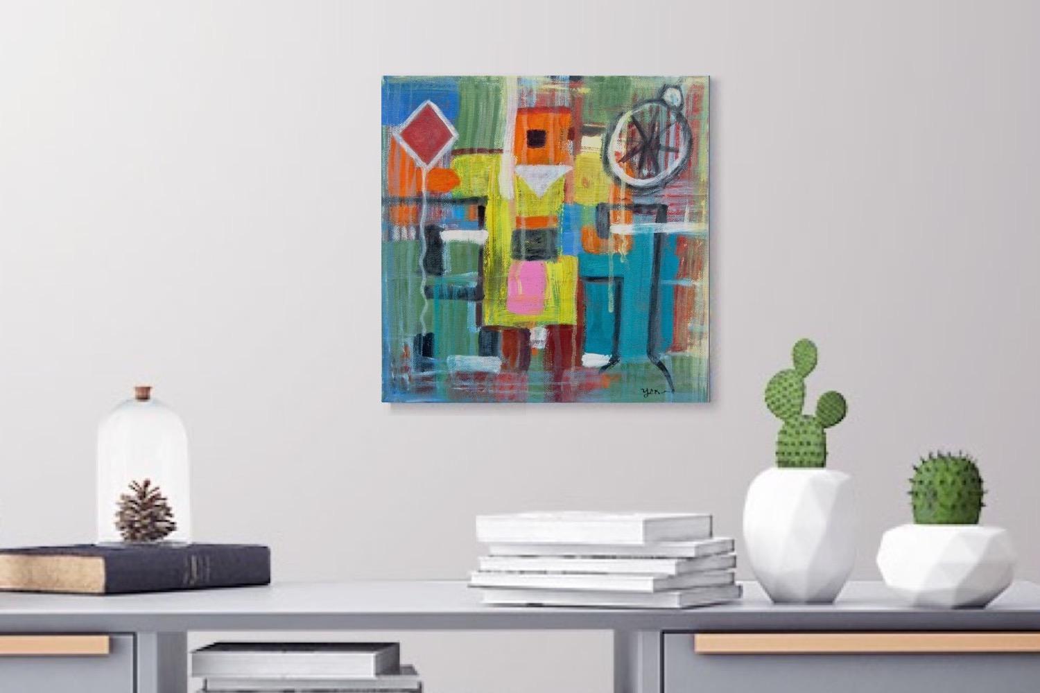Happy Robot Figure Abstract Art Painting, a colorful original modern artwork, acrylic on canvas, with cheerful colour blocks, shapes n lines