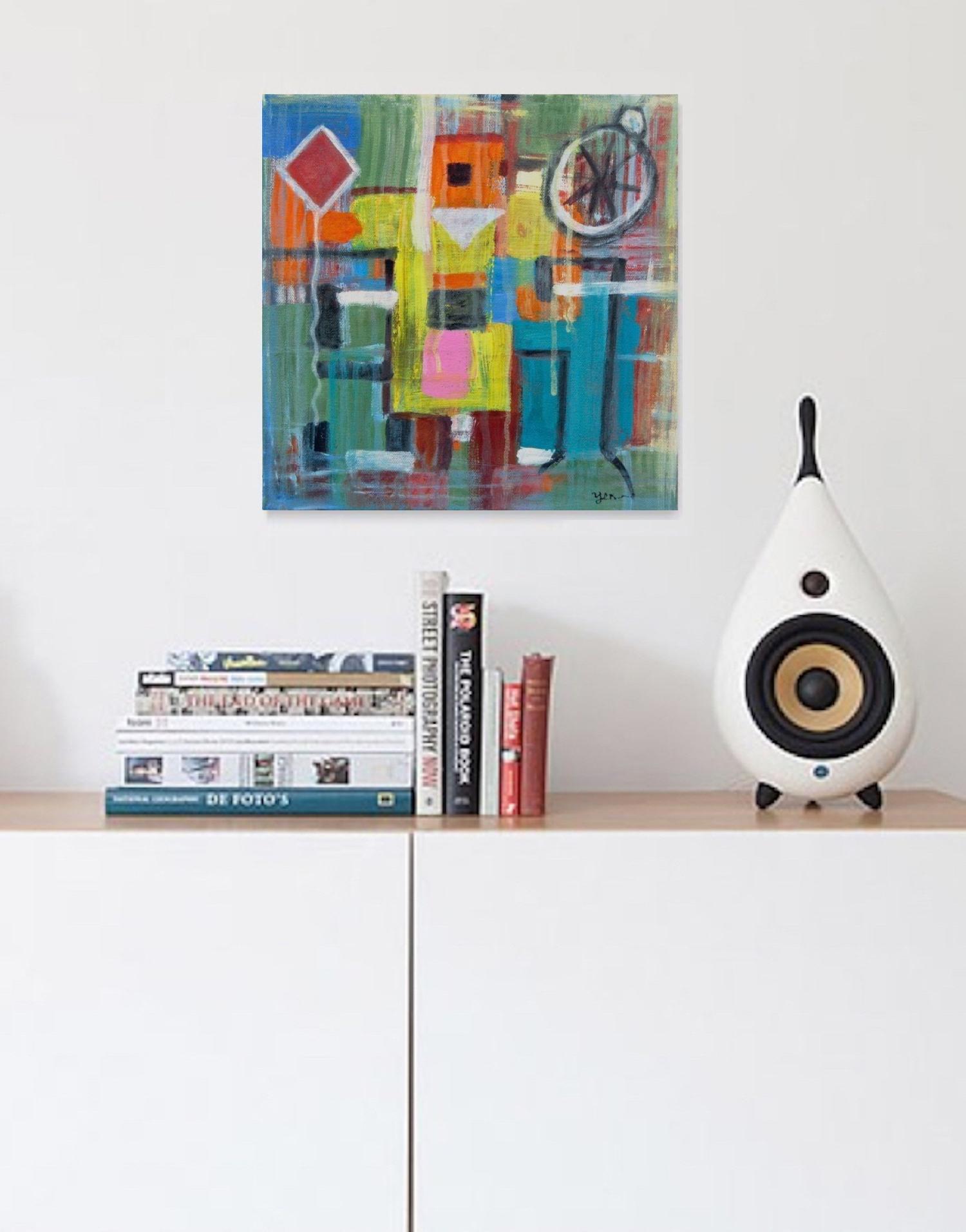 Happy Robot Figure Abstract Art Painting, a colorful original modern artwork, acrylic on canvas, with cheerful colour blocks, shapes n lines