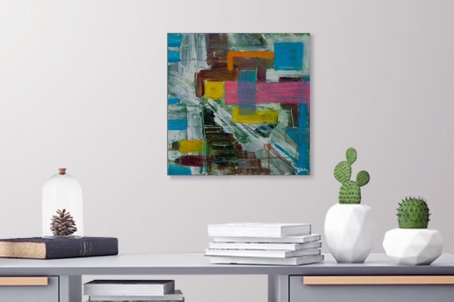 Cyan blue theme figures abstract art painting of girl in pink, original modern artwork, acrylic on canvas, with block colors, paint splashes and etchings
