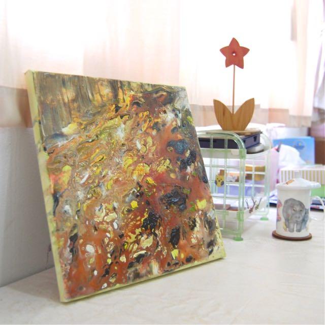 Flaming Forest - abstract original acrylic canvas painting with warm yellow autumn hues created from pour flow art