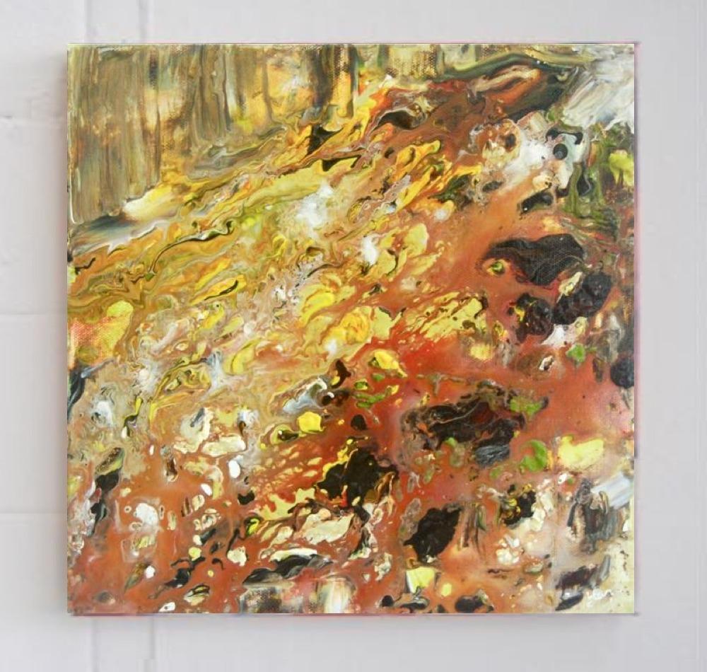 Flaming Forest - abstract original acrylic canvas painting with warm yellow autumn hues created from pour flow art