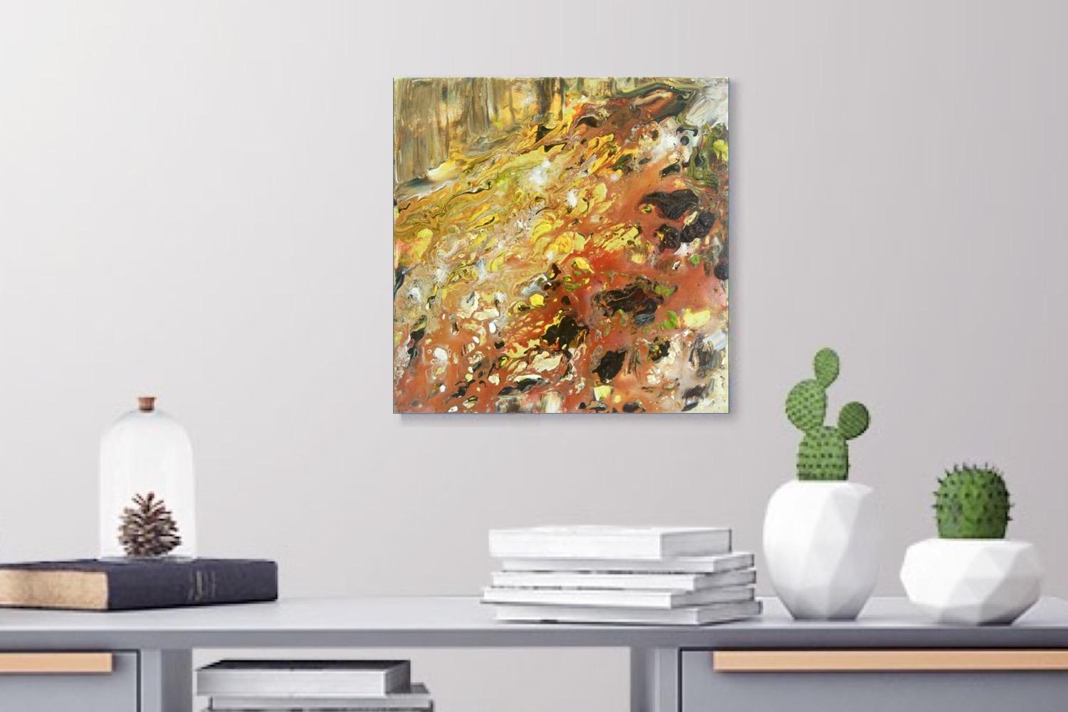 Flaming Forest - abstract original acrylic canvas painting with warm yellow autumn hues created from pour flow art