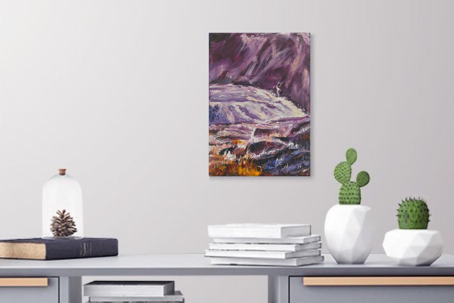 Flow -Abstract Iceland Waterfall Landscape Oil Painting of zen nature surreal waterscape, impressionist impasto knife artwork in purple hues