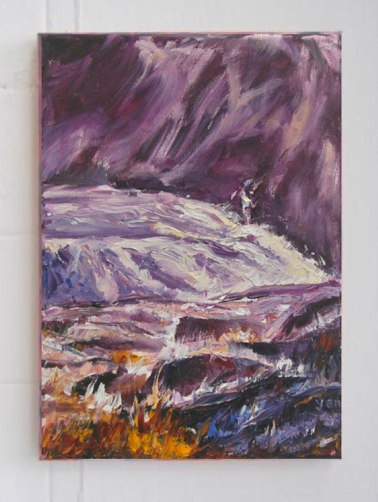 Flow -Abstract Iceland Waterfall Landscape Oil Painting of zen nature surreal waterscape, impressionist impasto knife artwork in purple hues