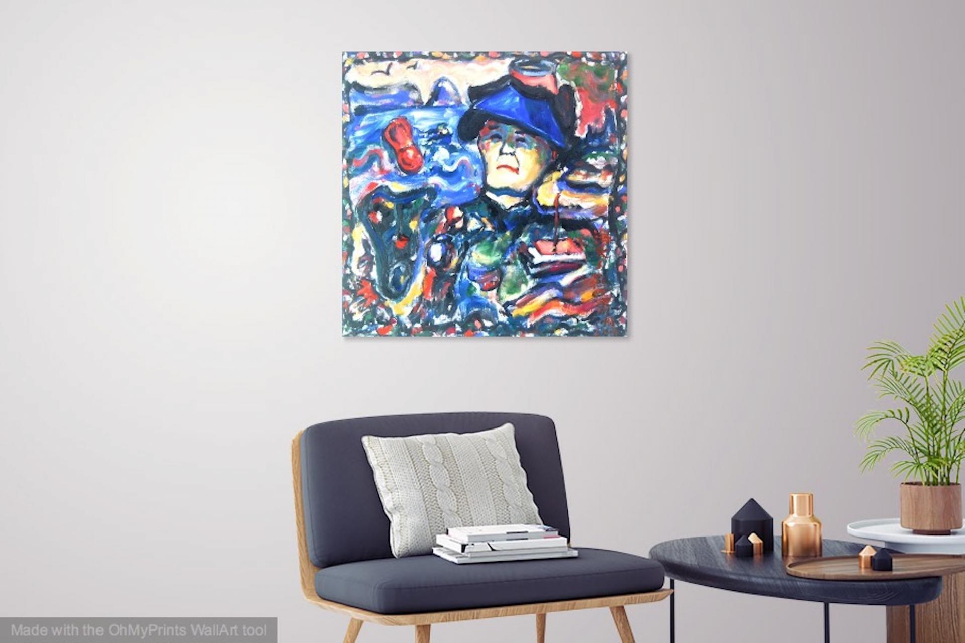 Haenyo - Colorful Korean Woman Diver Portrait Painting Original Oil Art, with jeju island blue sea coast in surreal abstract expressionism