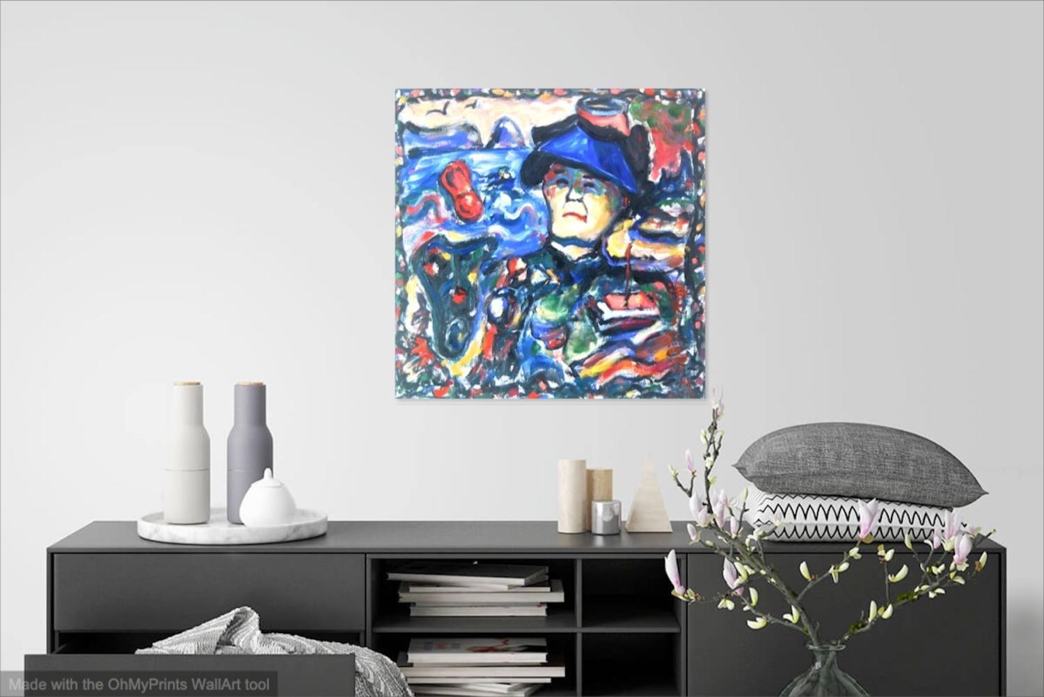 Haenyo - Colorful Korean Woman Diver Portrait Painting Original Oil Art, with jeju island blue sea coast in surreal abstract expressionism