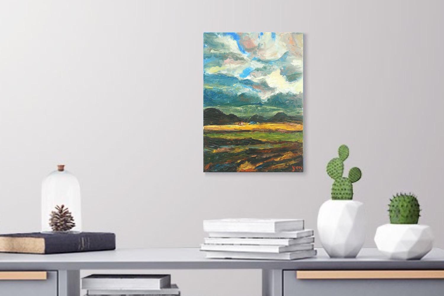 Haven -Impressionist Iceland Landscape Oil Painting of mountain storm clouds on the plains, with impasto surreal scenery of Icelandic houses