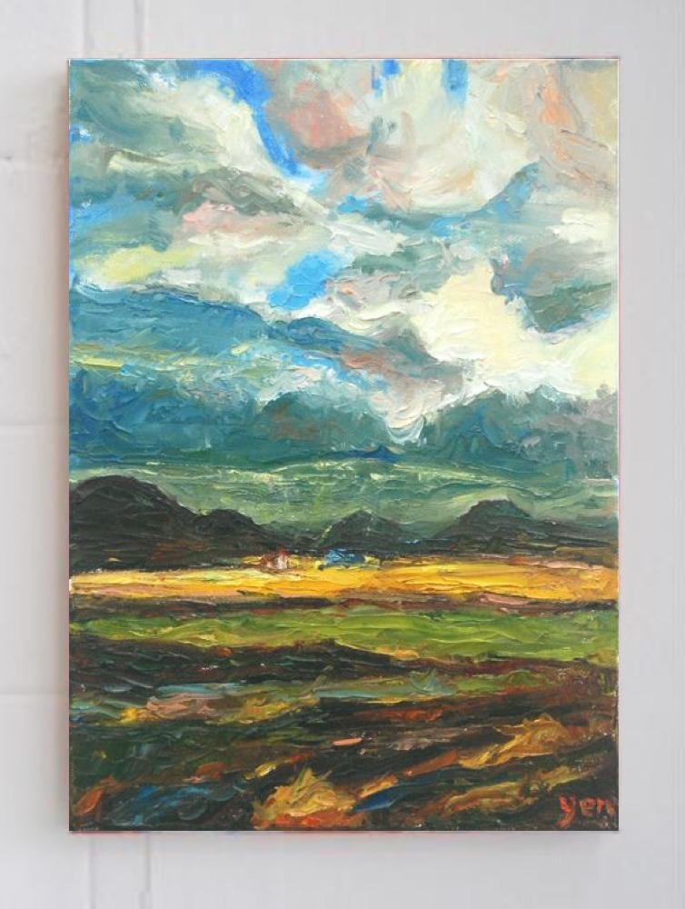 Haven -Impressionist Iceland Landscape Oil Painting of mountain storm clouds on the plains, with impasto surreal scenery of Icelandic houses