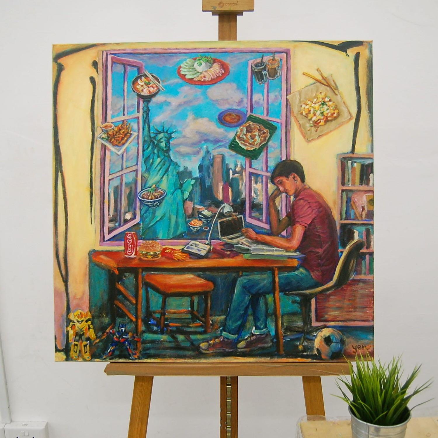 Whimsical window painting original art of Singapore boy studying in Statue of Liberty New York city, homesick for Singaporean peranakan food