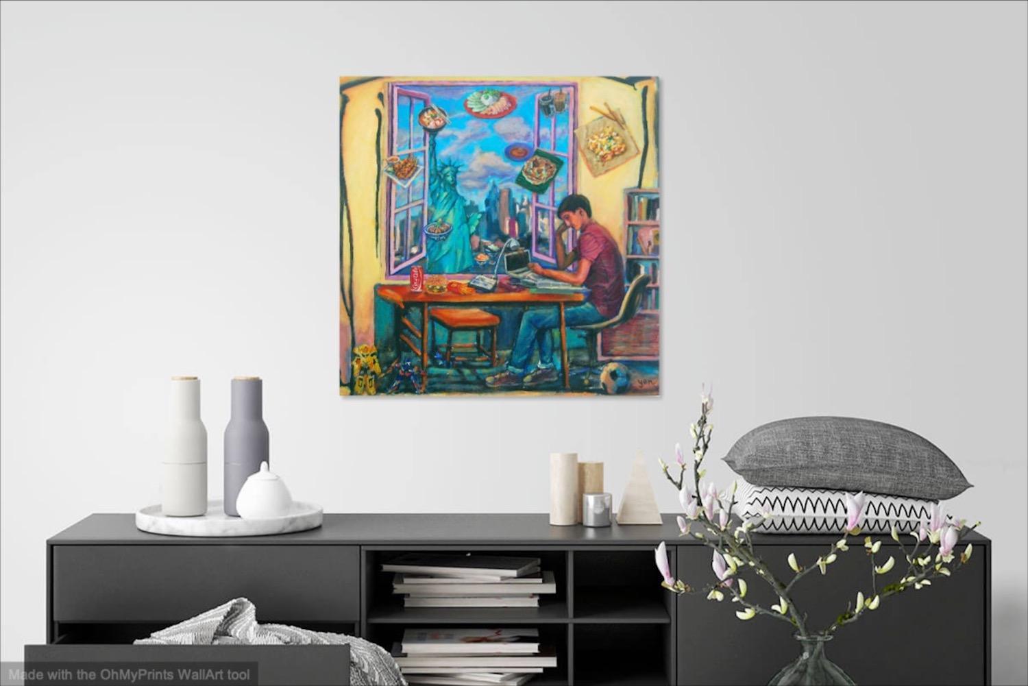 Whimsical Window Painting - Singapore Boy Studying - Statue of Liberty - New York City - Original Canvas Art - Singapore Food Heritage Art