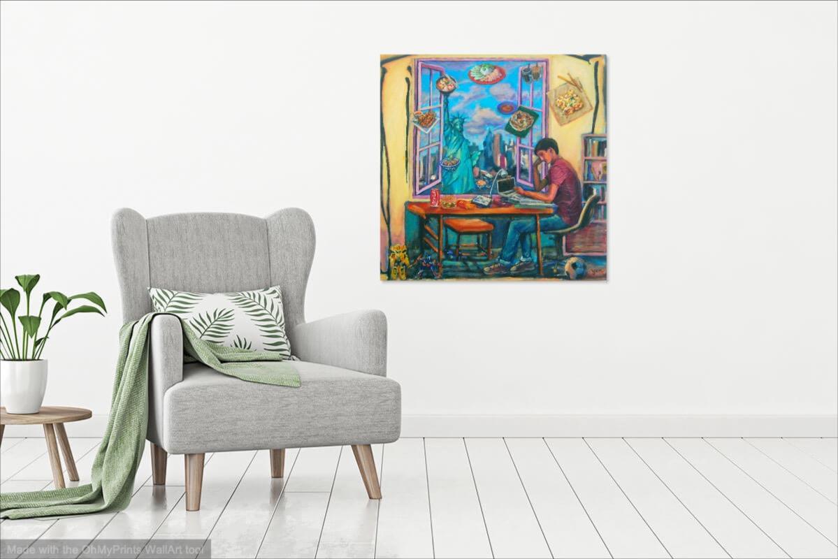 Whimsical Window Painting - Singapore Boy Studying - Statue of Liberty - New York City - Original Canvas Art - Singapore Food Heritage Art