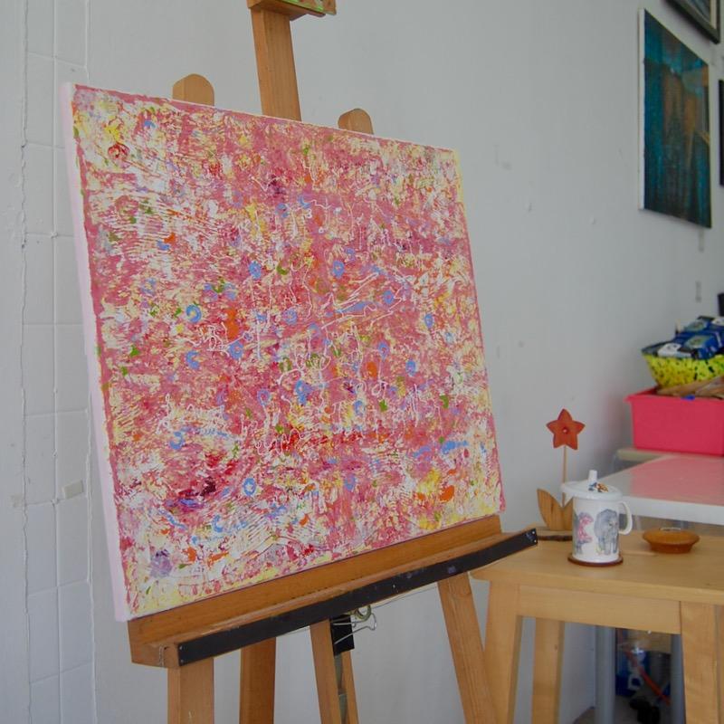 Itsy Bitsy abstract acrylic painting, pink textural impasto art, an original canvas artwork of pastel colors and whimsical musical notes