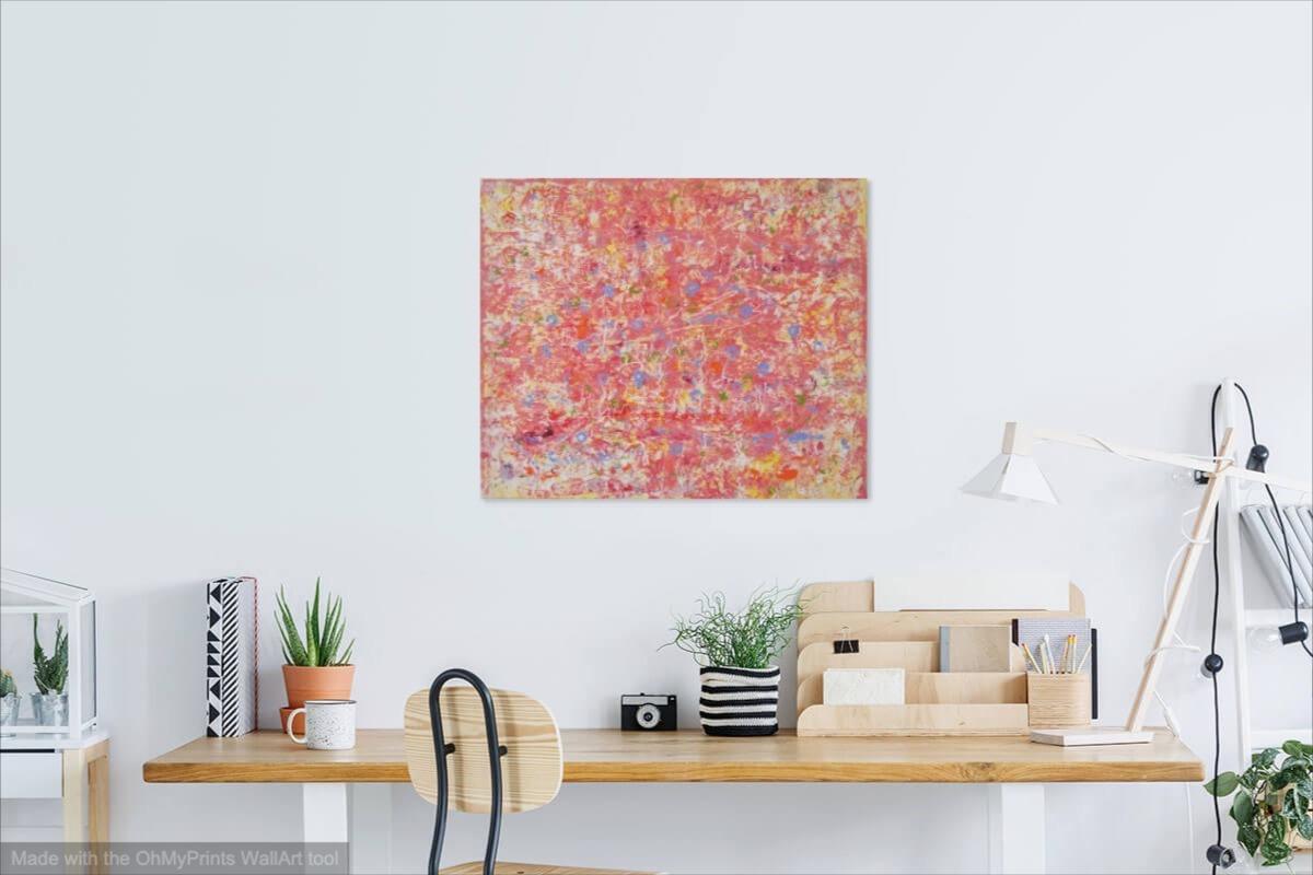 Itsy Bitsy abstract acrylic painting, pink textural impasto art, an original canvas artwork of pastel colors and whimsical musical notes