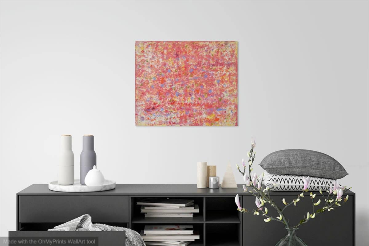 Itsy Bitsy abstract acrylic painting, pink textural impasto art, an original canvas artwork of pastel colors and whimsical musical notes