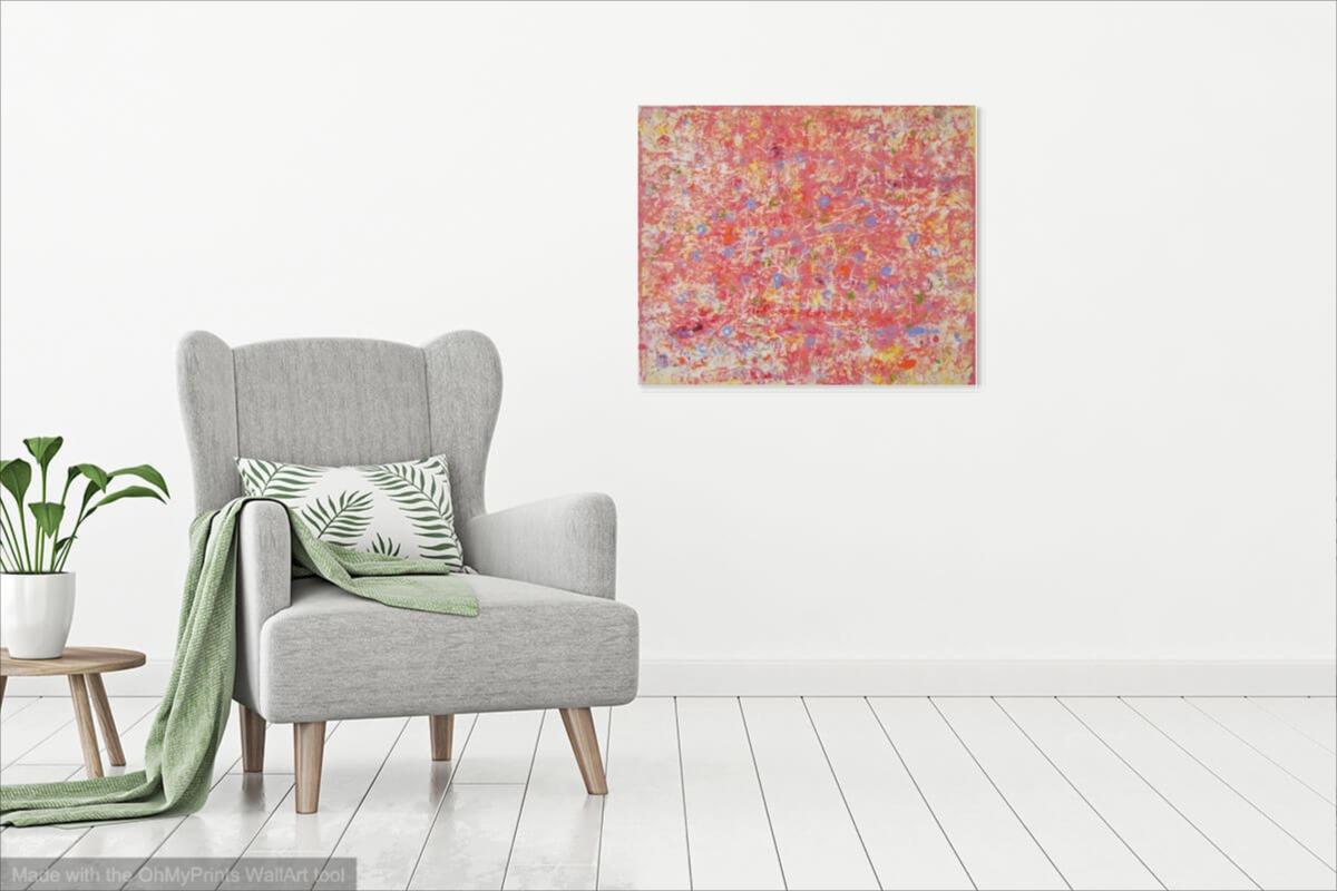 Itsy Bitsy abstract acrylic painting, pink textural impasto art, an original canvas artwork of pastel colors and whimsical musical notes