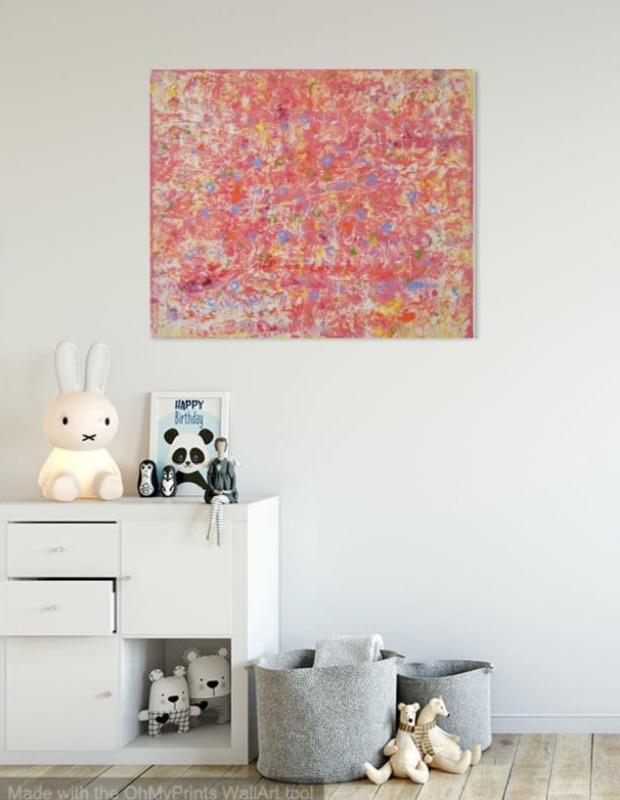 Itsy Bitsy abstract acrylic painting, pink textural impasto art, an original canvas artwork of pastel colors and whimsical musical notes