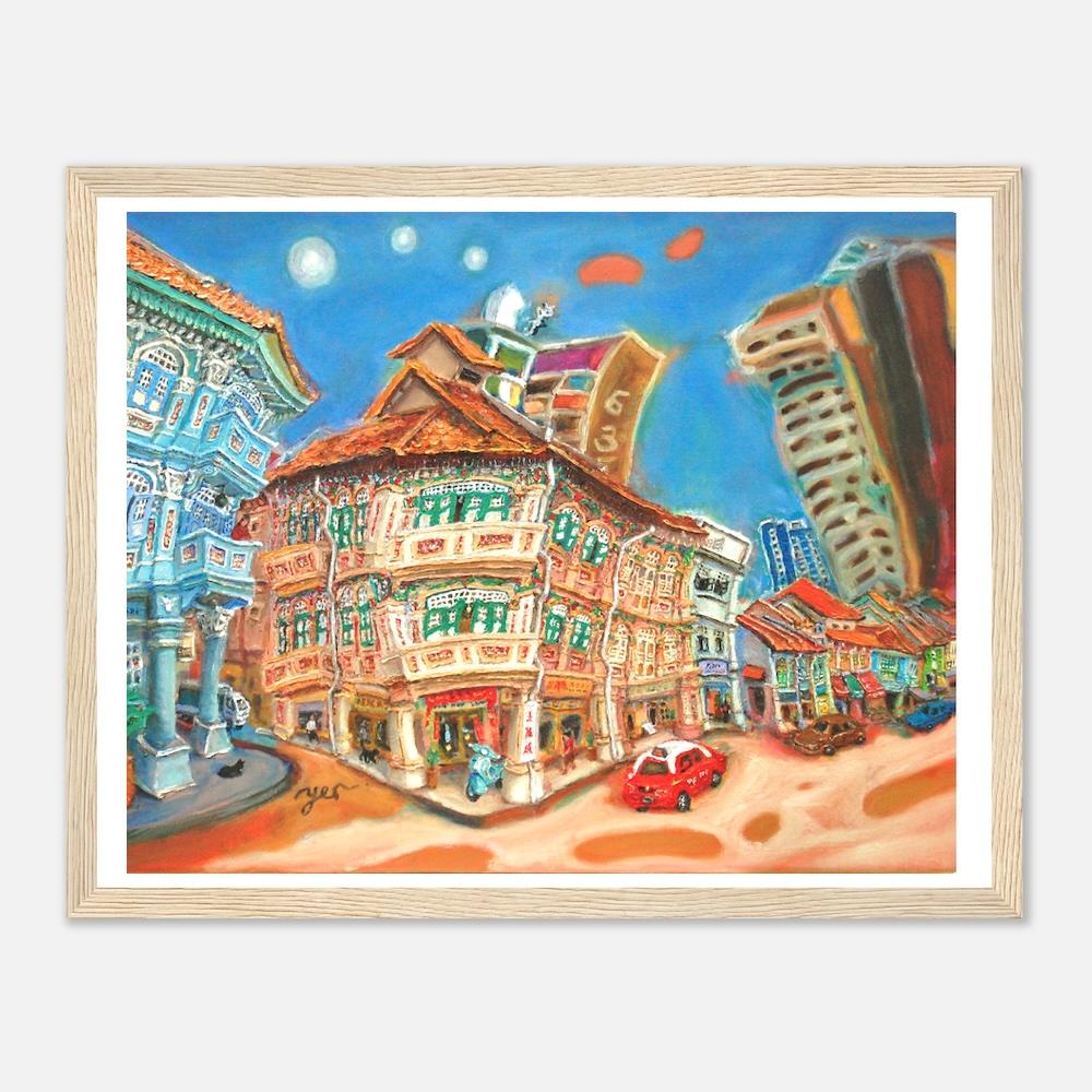 Singapore Art Print of Jalan Besar Shophouses Vibrant Artwork, Colorful Heritage City Starry Night Poster in Van Gogh Style