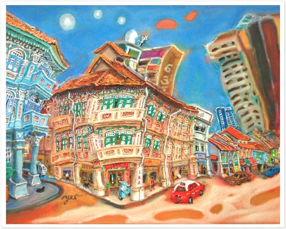 Singapore Art Print of Jalan Besar Shophouses Vibrant Artwork, Colorful Heritage City Starry Night Poster in Van Gogh Style
