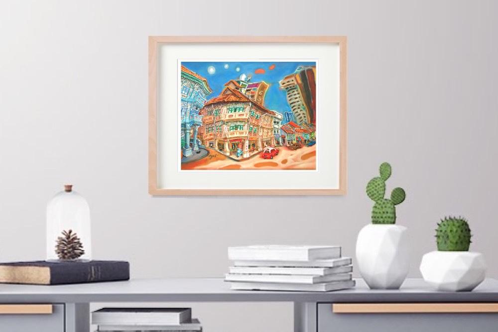 Singapore Art Print of Jalan Besar Shophouses Vibrant Artwork, Colorful Heritage City Starry Night Poster in Van Gogh Style