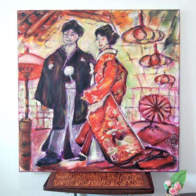 Japanese Wedding Couple - Portrait Painting, Kimono Bride, Traditional Gown, Red Phoenix, Lanterns, Umbrellas, Whimsical, Original Fine Art