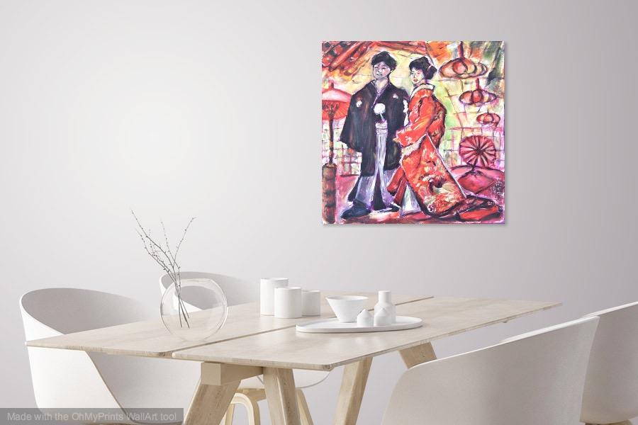 Japanese Wedding Couple - Portrait Painting, Kimono Bride, Traditional Gown, Red Phoenix, Lanterns, Umbrellas, Whimsical, Original Fine Art