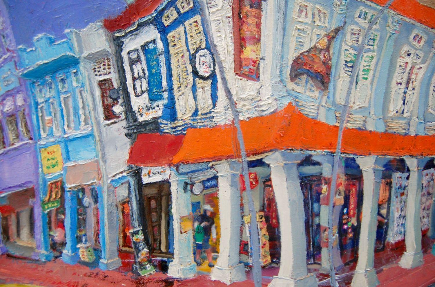 Impressionist Landscape Oil Painting of Colorful Singapore Shophouses - City Street Heritage Artwork - Beautiful Original Art for Home Decor