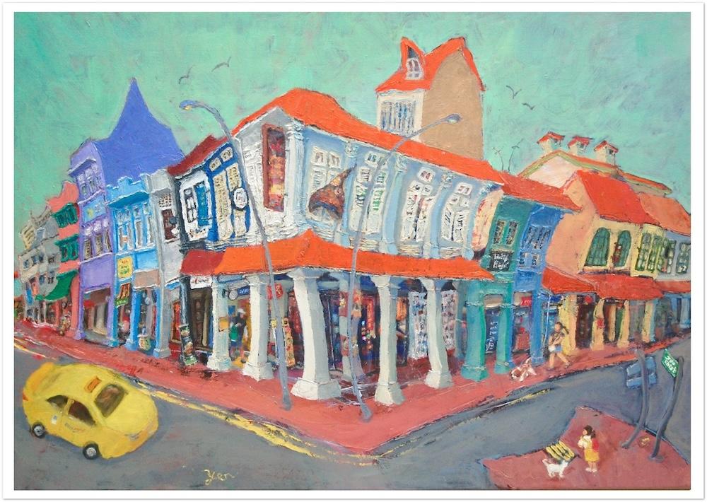Singapore Art Poster of Joo Chiat Shophouses Colorful Heritage Street Painting, Unique Asia Travel Print Gift of Chinese Malay Architecture