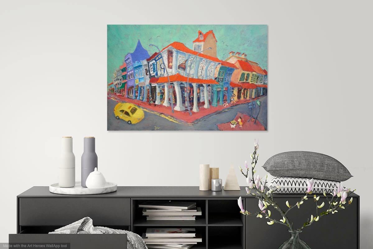 Impressionist Landscape Oil Painting of Colorful Singapore Shophouses - City Street Heritage Artwork - Beautiful Original Art for Home Decor