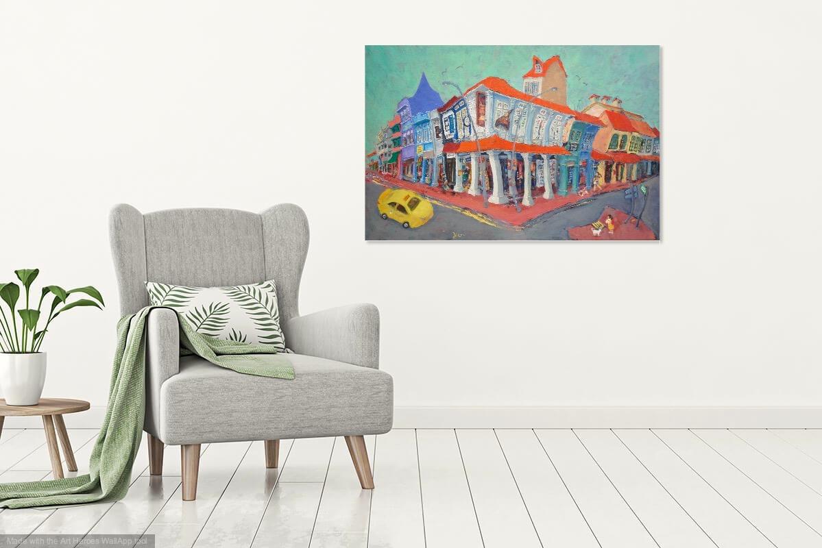 Impressionist Landscape Oil Painting of Colorful Singapore Shophouses - City Street Heritage Artwork - Beautiful Original Art for Home Decor