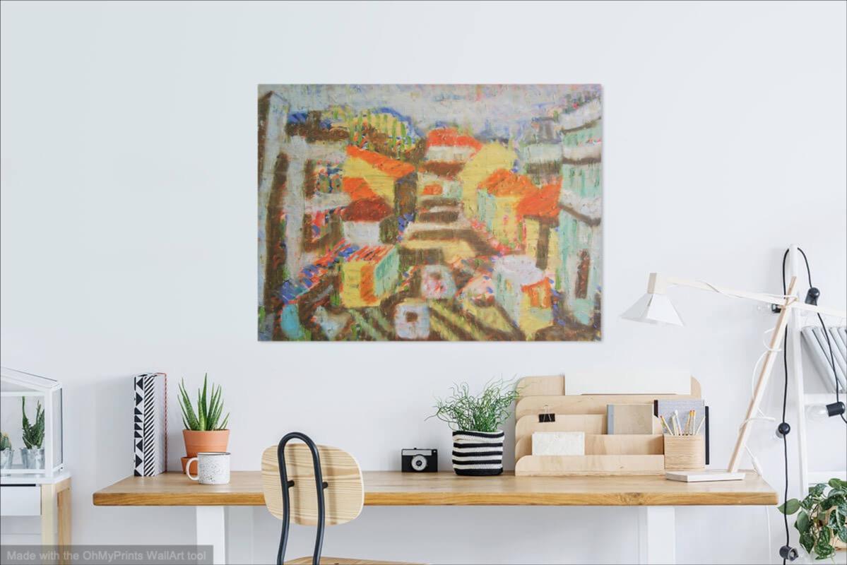 Journey To Town, abstract original oil painting art of Singapore town street landscape with peranakan shophouses in colorful abstract shapes