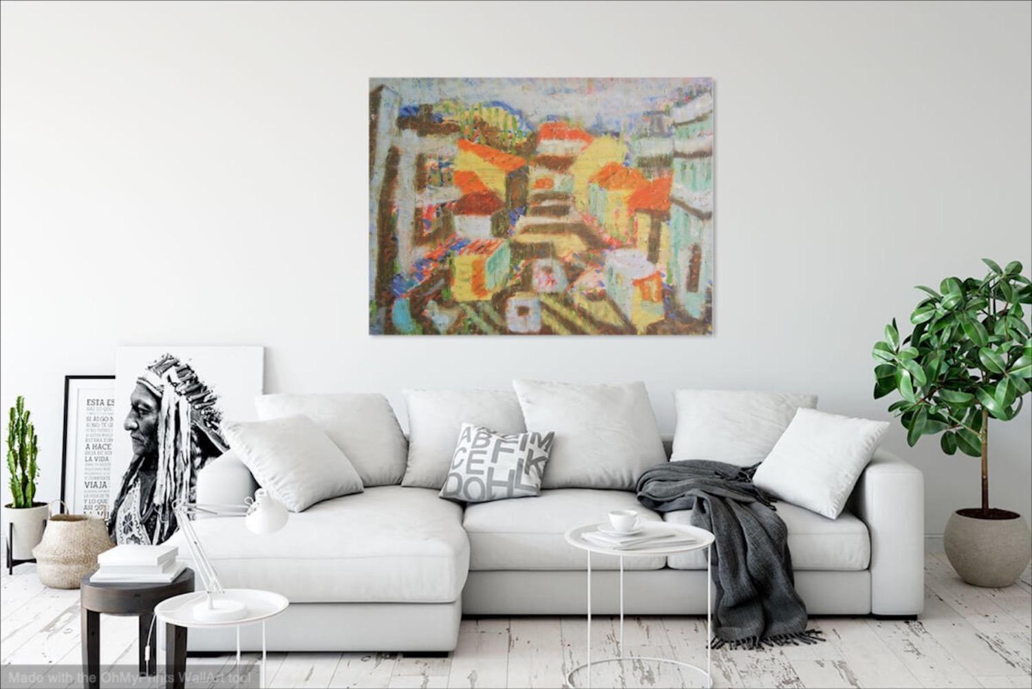 Journey To Town, abstract original oil painting art of Singapore town street landscape with peranakan shophouses in colorful abstract shapes