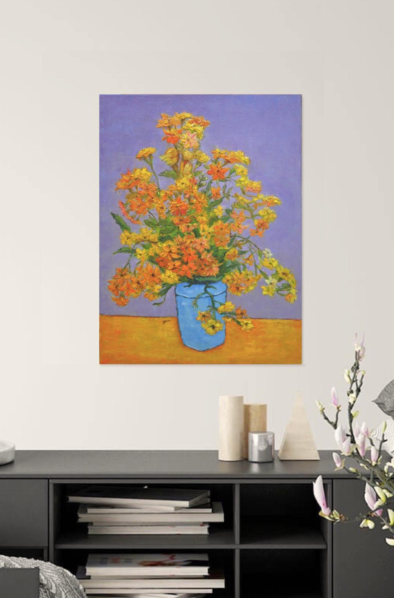Yellow Flowers in Blue Pot Original Oil Painting - Impressionist Style Still Life - Hand-Painted Fine Art - Home Decor - Unique Gift Idea
