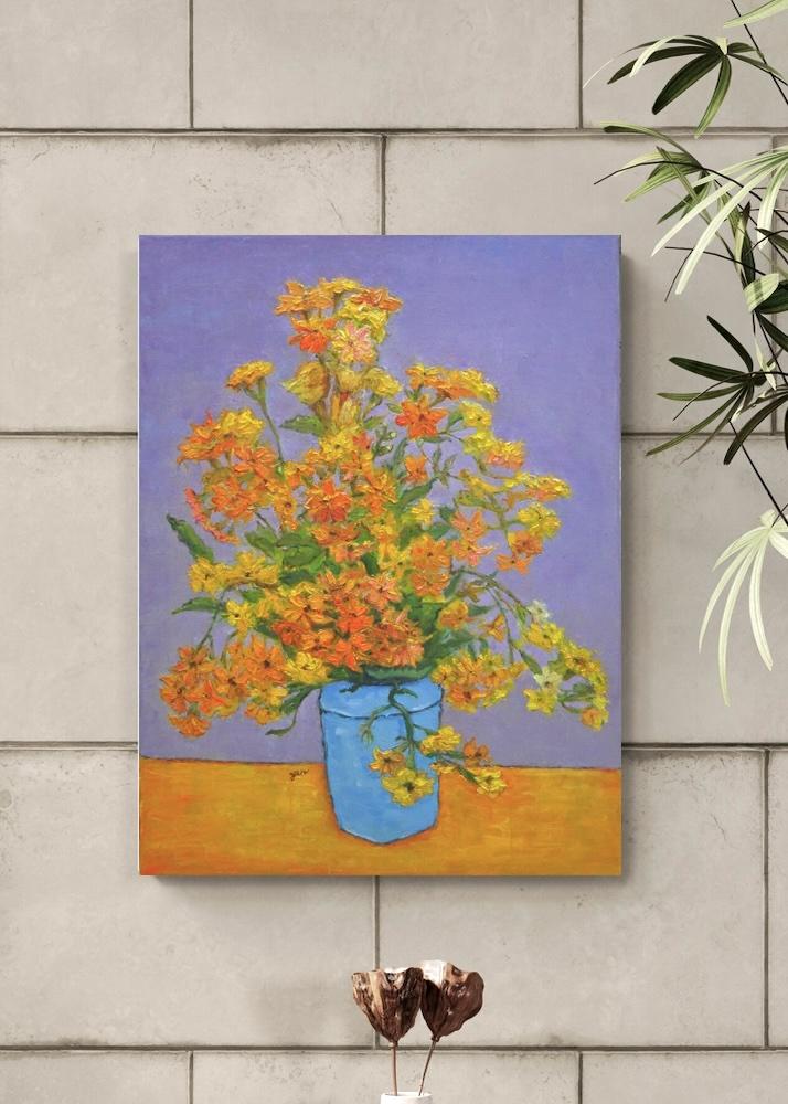 Impressionist Kalanchoe Blooms Oil Painting: Yellow Flowers in Blue Pot