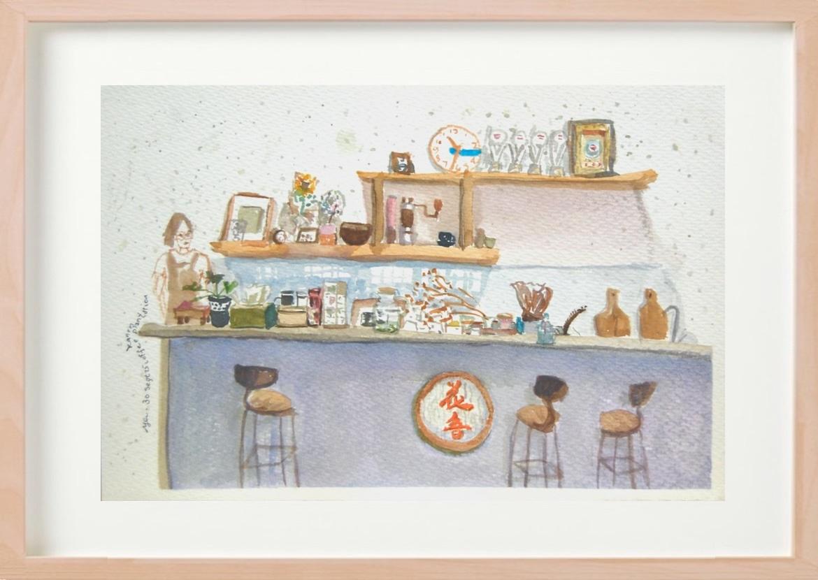 Taiwan cafe original watercolor painting - whimsical travel art