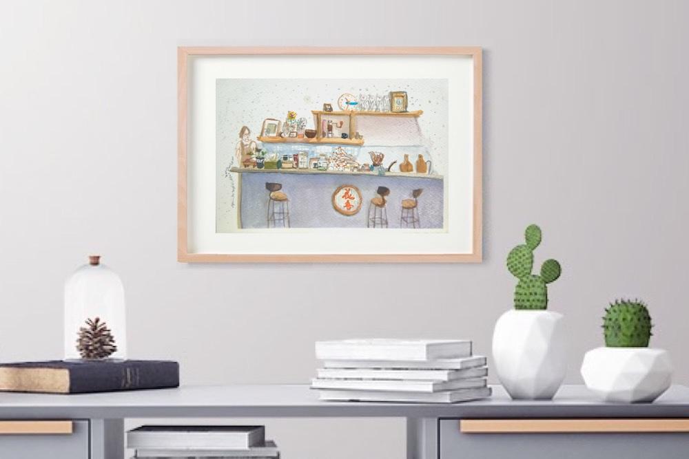 Taiwan cafe original watercolor painting - whimsical travel art