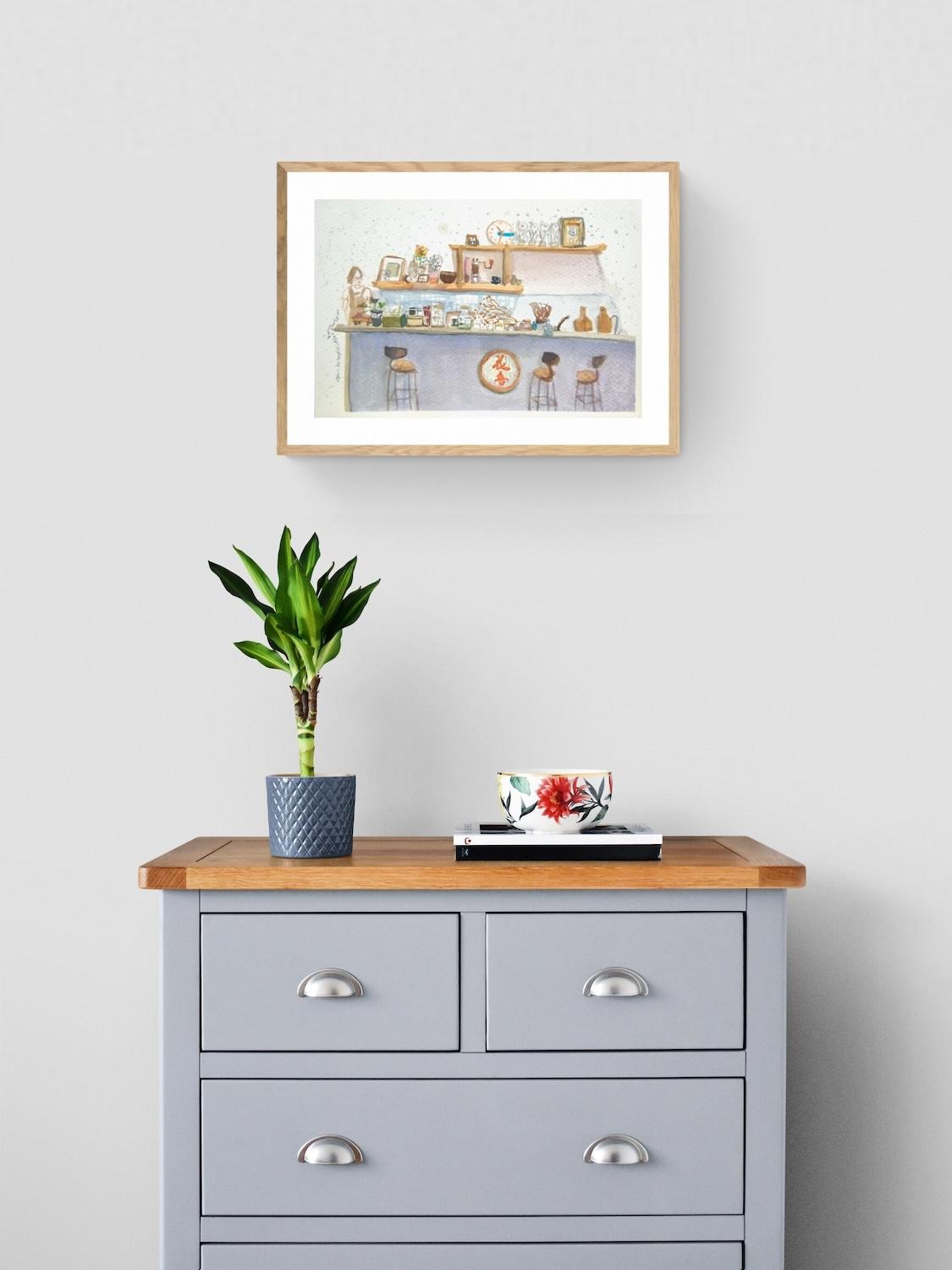 Taiwan cafe original watercolor painting - whimsical travel art