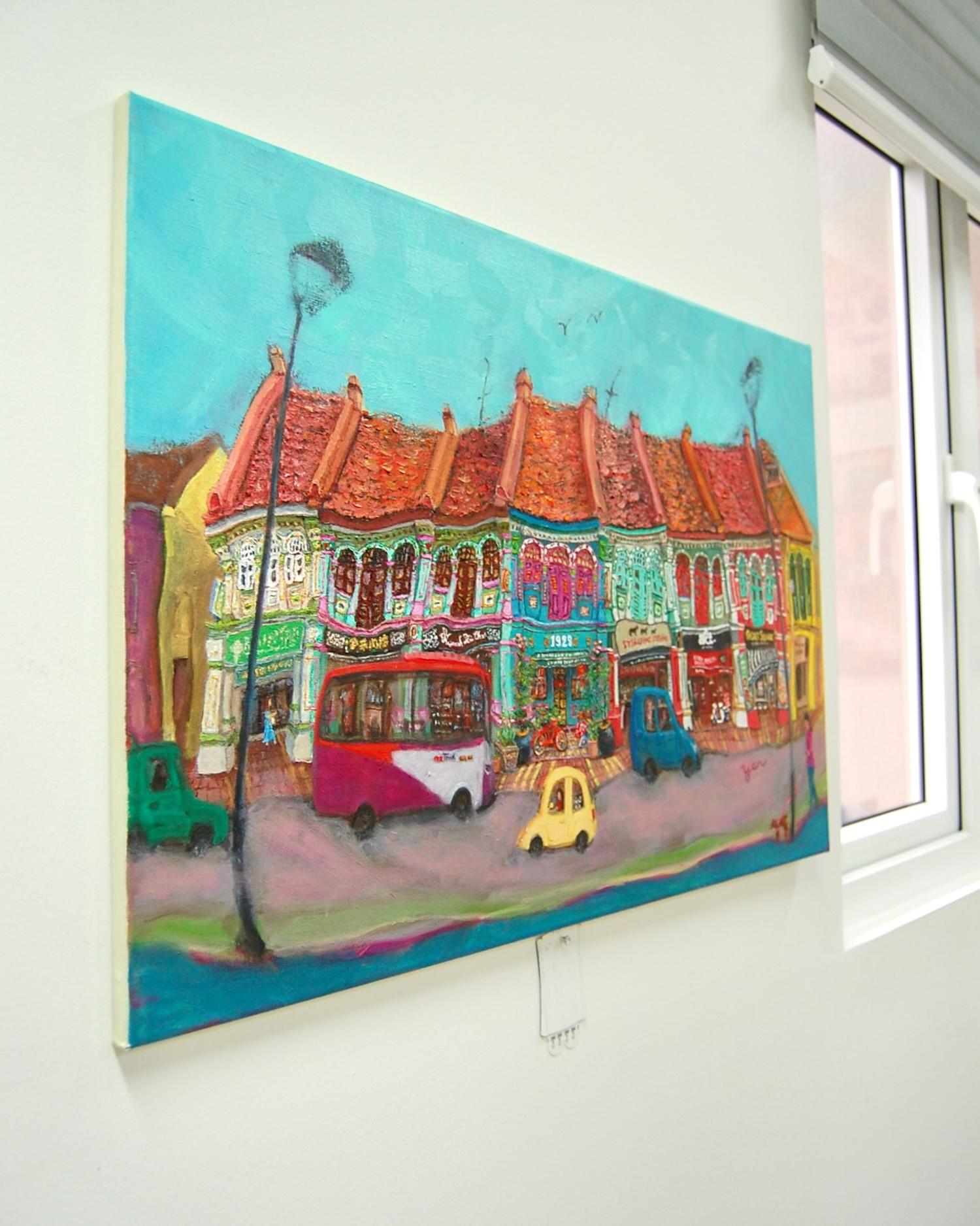 Singapore Katong Peranakan Shophouses Landscape Oil Painting - City Street Heritage Artwork - Vibrant Cityscape - Original Home Art Decor