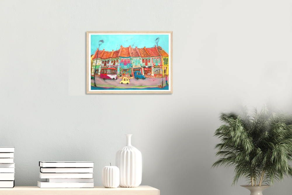 Singapore Art Poster of Katong Shophouses Street Painting with Traditional Peranakan Rumah Bebe Shop, a Vibrant Asia Travel Souvenir Print